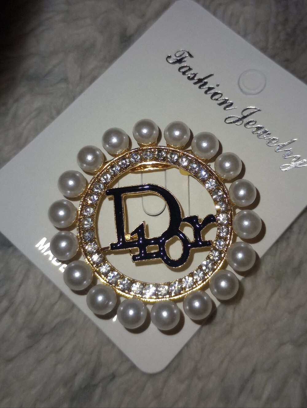 Gold & Pearl Fashion Brooch with Crystal Accents